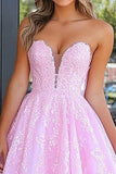 Elegant Pink Sweetheart Princess Lace Applique Long Formal Dress