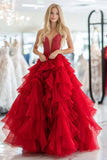 Red Princess Deep-V Neck Tulle Tiered Long Formal Dress with Beading