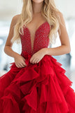 Red Princess Deep-V Neck Tulle Tiered Long Formal Dress with Beading