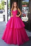 Glitter Fuchsia Princess Sweetheart Tulle Tiered Long Formal Dress