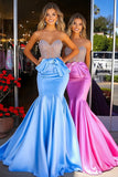 Blue Sweetheart Mermaid Satin Beaded Long Formal Dress with Bow