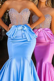 Blue Sweetheart Mermaid Satin Beaded Long Formal Dress with Bow