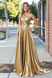 Gold Metallic Satin One Shoulder A Line Pleated Long Formal Dress with Beading