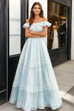 Light Blue Off the Shoulder A Line Long Formal Dress