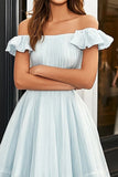 Light Blue Off the Shoulder A Line Long Formal Dress