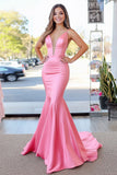 Satin Pink Mermaid Spaghetti Straps Deep-V Neck Long Formal Dress