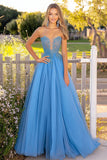 Blue Princess Sweetheart Tulle Long Formal Dress with Lace Appliques