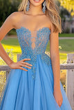 Blue Princess Sweetheart Tulle Long Formal Dress with Lace Appliques