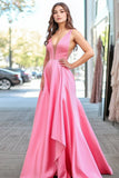 Pink A Line Satin V Neck Long Formal Dress with Back Zipper