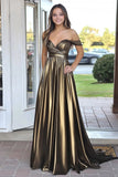 Metallic Black Golden Off the Shoulder A Line Pleated Formal Dress