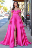 Fuchsia Satin A Line Off The Shoulder Applique Formal Dress with Slit