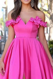 Fuchsia Satin A Line Off The Shoulder Applique Formal Dress with Slit