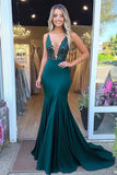 Satin Sheath V Neck Lace Dark Green Formal Dress