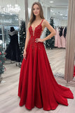 Red Satin A Line V Neck Long Formal Dress with Lace Appliques