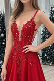 Red Satin A Line V Neck Long Formal Dress with Lace Appliques