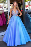 Blue Ball Gown Organza Long Formal Dress with Lace Appliques