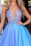 Blue Ball Gown Organza Long Formal Dress with Lace Appliques