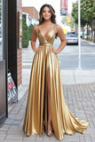 Metallic Satin A Line Pleated V Neck Gold Formal Dress with Slit