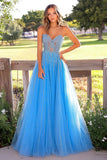 Blue A Line Sweetheart Tulle Long Formal Dress with Appliques