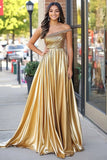 Sparkly Golden Metallic One Shoulder A Line Pleated Long Formal Dress