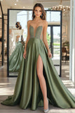 Dusty Sage A Line Sweetheart Satin Applique Long Formal Dress with Slit