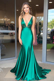 Elegant Green Mermaid Deep V-Neck Satin Long Formal Dress