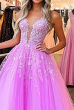 Princess Fuchsia Deep V-Neck Tulle Long Formal Dress with Appliques