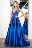 Elegant Royal Blue A Line Satin Appliqued Long Formal Dress