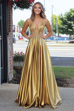 Sparkly Golden A Line Deep-V Neck Satin Long Formal Dress