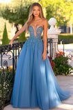 Elegant Grey Blue Princess Sweetheart Tulle Long Formal Dress