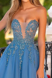 Elegant Grey Blue Princess Sweetheart Tulle Long Formal Dress