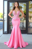 Pink Spaghetti Straps Mermaid Satin Long Formal Dress with Appliques