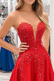 Princess Red Sweetheart Satin Formal Dress with Appliques