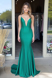 Simple Green Mermaid Deep V-Neck Satin Long Formal Dress