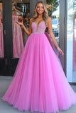 Princess Pink A Line Tulle Formal Dress with Appliques