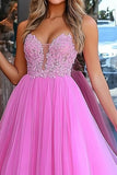 Princess Pink A Line Tulle Formal Dress with Appliques