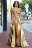 Sparkly Golden Metallic A Line Off The Shoulder Ruched Formal Dress with Beading