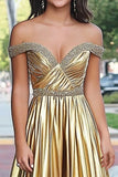 Sparkly Golden Metallic A Line Off The Shoulder Ruched Formal Dress with Beading