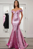 Sparkly Pink Mermaid Sequin Off the Shoulder Long Formal Dress