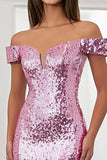 Sparkly Pink Mermaid Sequin Off the Shoulder Long Formal Dress