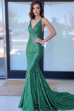 Glitter Green V-Neck Mermaid Sequin Long Formal Dress