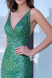 Glitter Green V-Neck Mermaid Sequin Long Formal Dress