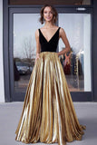 Gold Metallic Satin V-neck A-Line Pleated Long Formal Dress