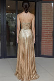 Gold Sweetheart Metallic A-Line Pleated Long Formal Dress