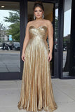 Gold Sweetheart Metallic A-Line Pleated Long Formal Dress