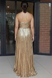 Gold Sweetheart Metallic A-Line Pleated Long Formal Dress