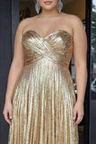 Metallic Gold Pleated A-Line Sweetheart Long Plus Size Prom Dress