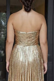 Gold Sweetheart Metallic A-Line Pleated Long Formal Dress
