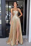 Gold Spaghetti Straps A-Line Metallic Long Formal Dress with High Slit