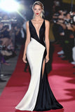 Black White Sheath Deep V Neck Long Gala Dress